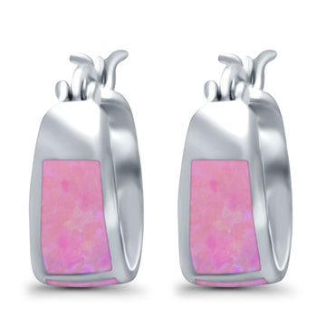 Hoop Huggies Earrings Irregular Shape Lab Created Pink Opal 925 Sterling Silver